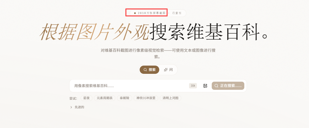 维基百科图片搜索页面截图，显示像素级视觉检索界面