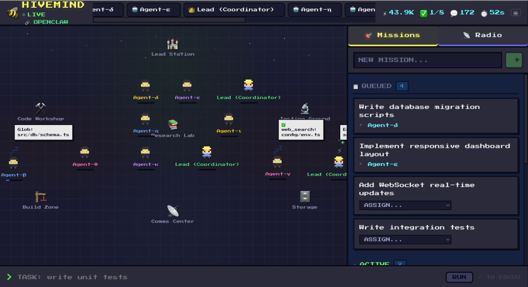 多智能体协作平台“Hive Mind”的游戏化界面