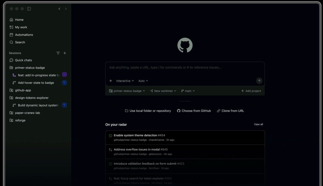 GitHub Copilot 桌面客户端界面,展示会话列表与项目交互