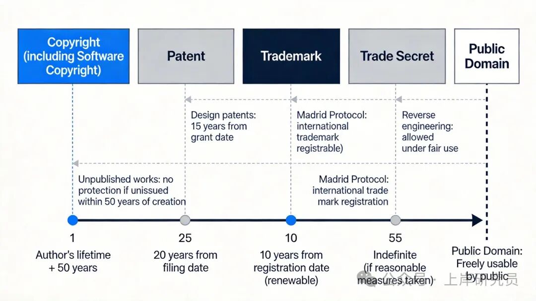 各类知识产权保护期限与类型时间轴对比图