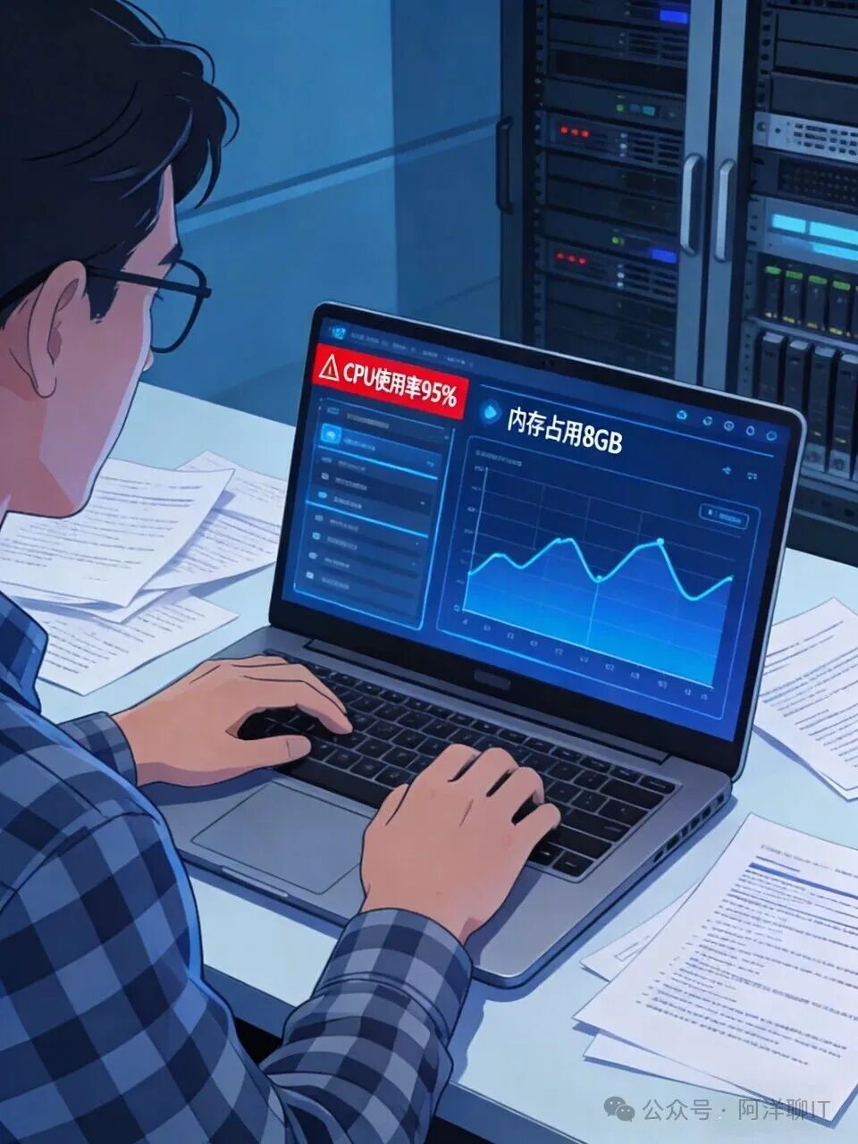 监控服务器性能：CPU使用率95%，内存占用8GB