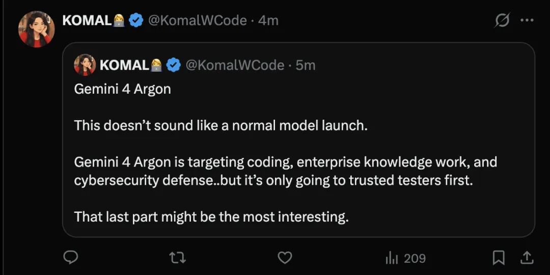 用户 Komal 关于 Gemini 4 Argon 发布策略的推文截图