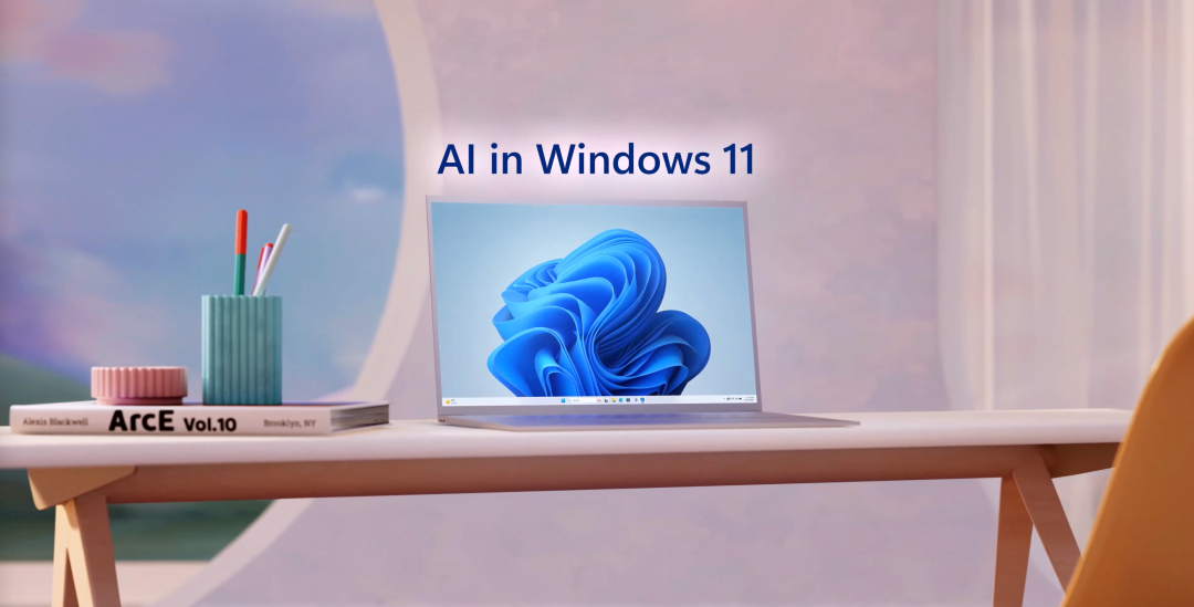 现代办公场景中展示Windows 11 AI功能的笔记本电脑