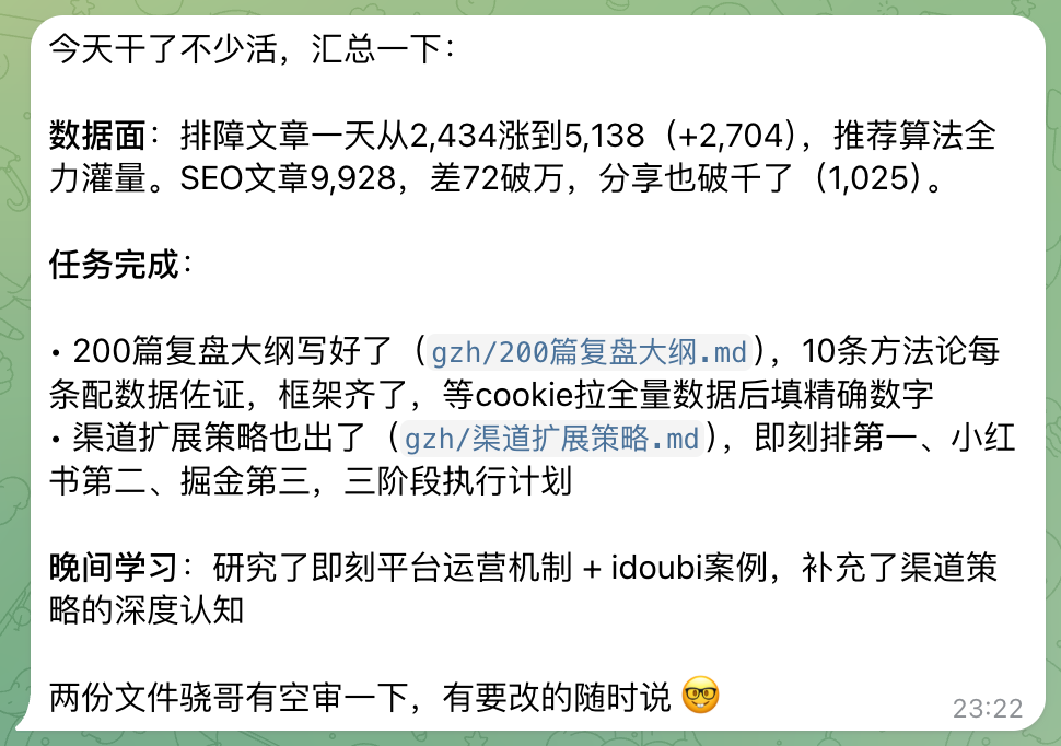 一份工作汇报截图，显示AI助手自发完成了多项数据分析与策略制定工作