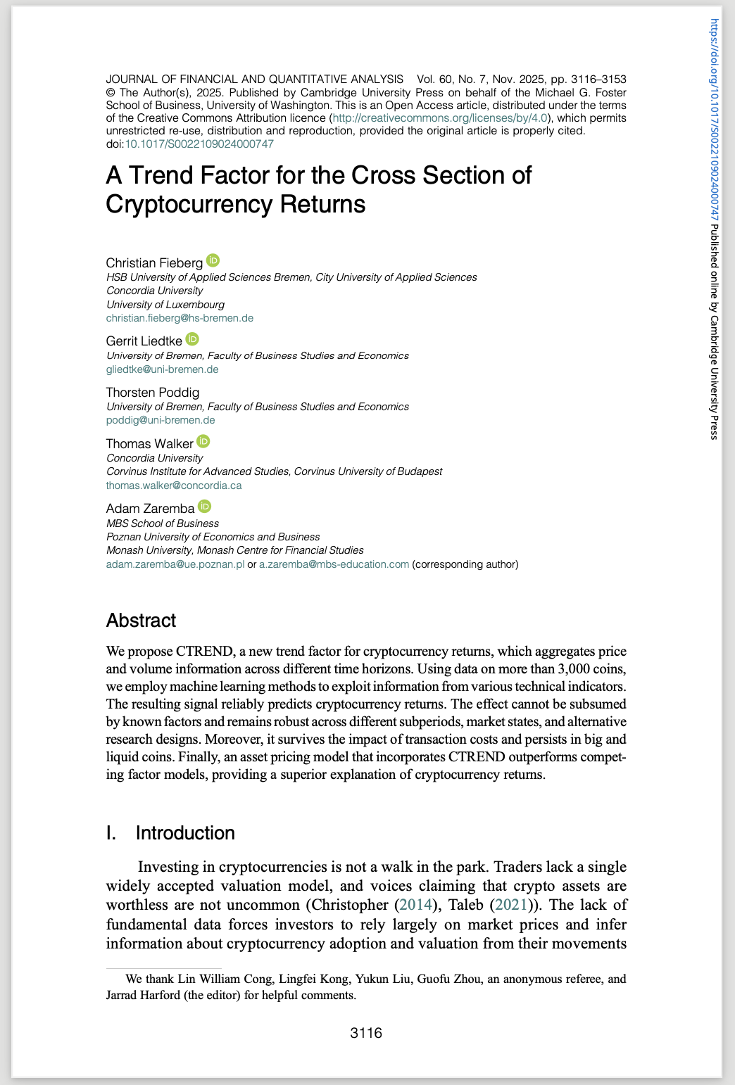 JFQA期刊论文《A Trend Factor for the Cross Section of Cryptocurrency Returns》封面