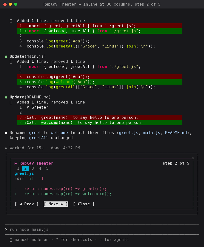 Replay Theater 步骤审查界面展示,显示 greet.js 的编辑前后对比及步骤导航