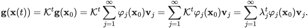 $g(x(t)) = K^t g(x_0) = K^t \sum_{j=1}^\infty \varphi_j(x_0) v_j = \sum_{j=1}^\infty K^t \varphi_j(x_0) v_j = \sum_{j=1}^\infty \lambda_j^t \varphi_j(x_0) v_j.$