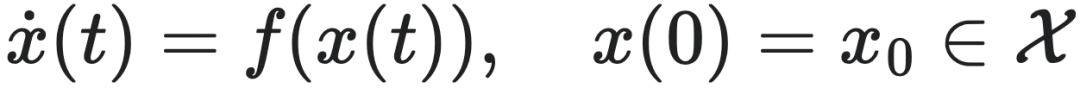 $\dot{x}(t)=f(x(t)),\quad x(0)=x_0 \in \mathcal{X}$