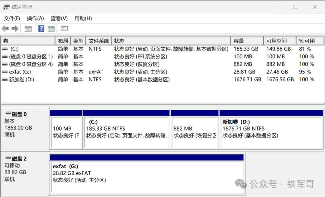解密完成后磁盘管理不再显示 BitLocker 加密标识