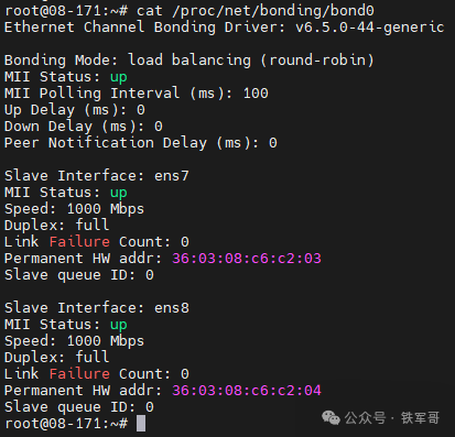 断开一条链路后查看bond状态