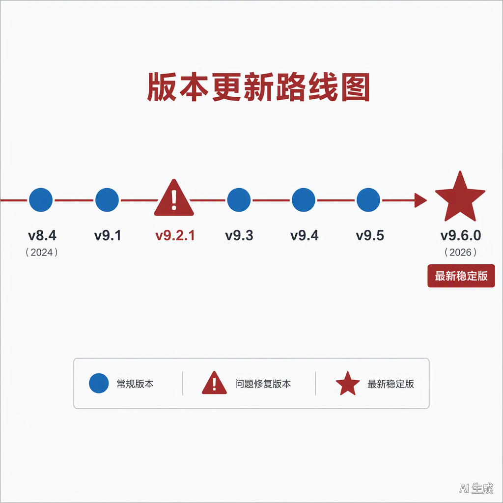 LVGL 版本时间线:从 v8.4 到 v9.6.0,v9.2.1 节点以红色警示标记