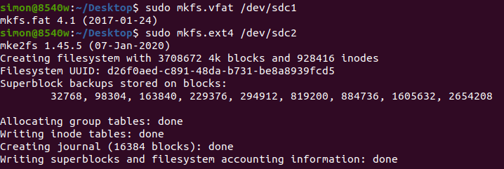mkfs.vfat 与 mkfs.ext4 格式化命令输出