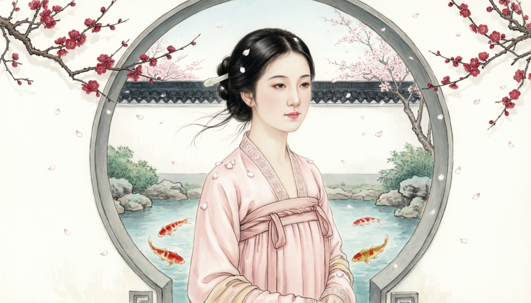 根据详细描述生成的中式园林古风女子图像