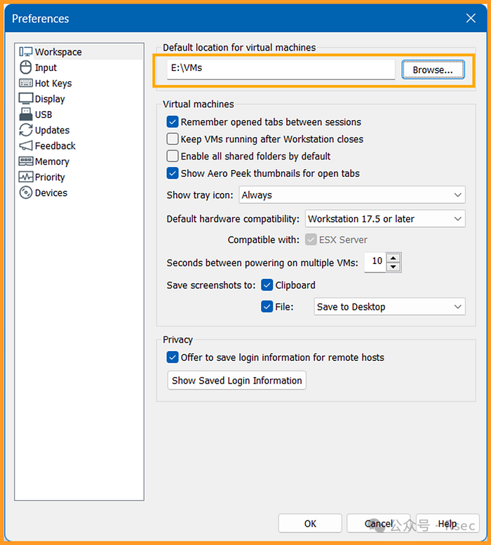 VMware Workstation 偏好设置窗口，显示虚拟机存储路径