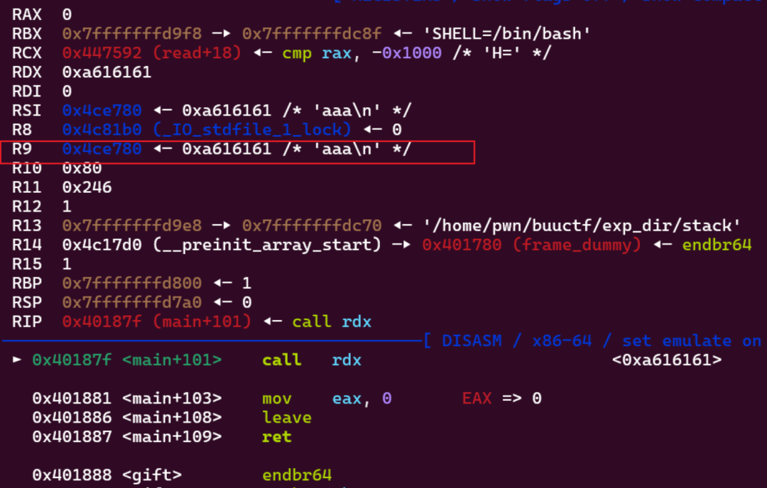 call rdx 前 r9 指向 heap chunk，gift gadget 将 rsp 迁移至堆