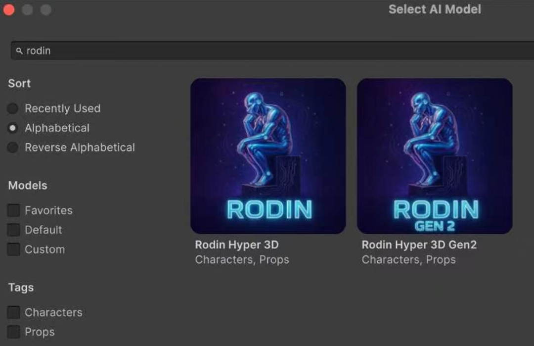 Unity 中的 Hyper3D Rodin 模型选择界面
