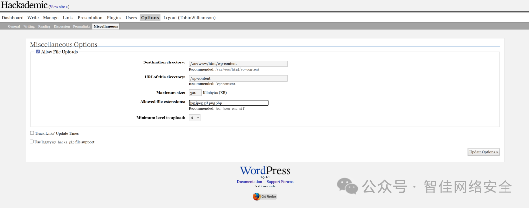 WordPress 后台：Miscellaneous Options 中勾选 Allow File Uploads，扩展名含 php
