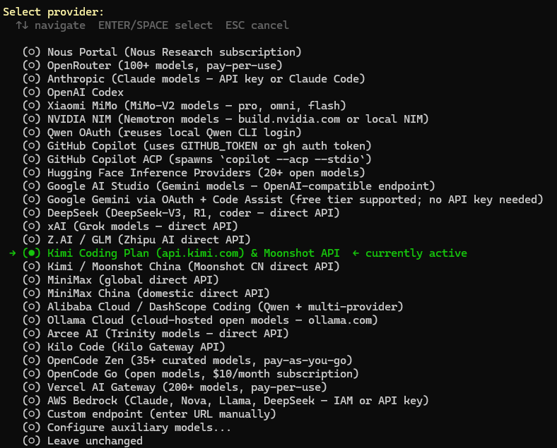 黑色背景的终端界面，显示‘Select provider:’标题及下方多行可选API服务提供商列表，每行以括号内字母(o)或(→)(●)标识，其中‘Kimi Coding Plan (api.kimi.com) & Moonshot API’以绿色高亮并标注‘currently active’，其余为白色文字，顶部有操作提示‘↑ navigate ENTER/SPACE select ESC cancel’。