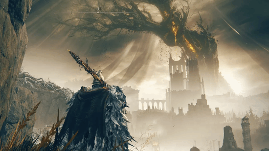 《艾尔登法环》游戏场景：角色与巨大黄金树