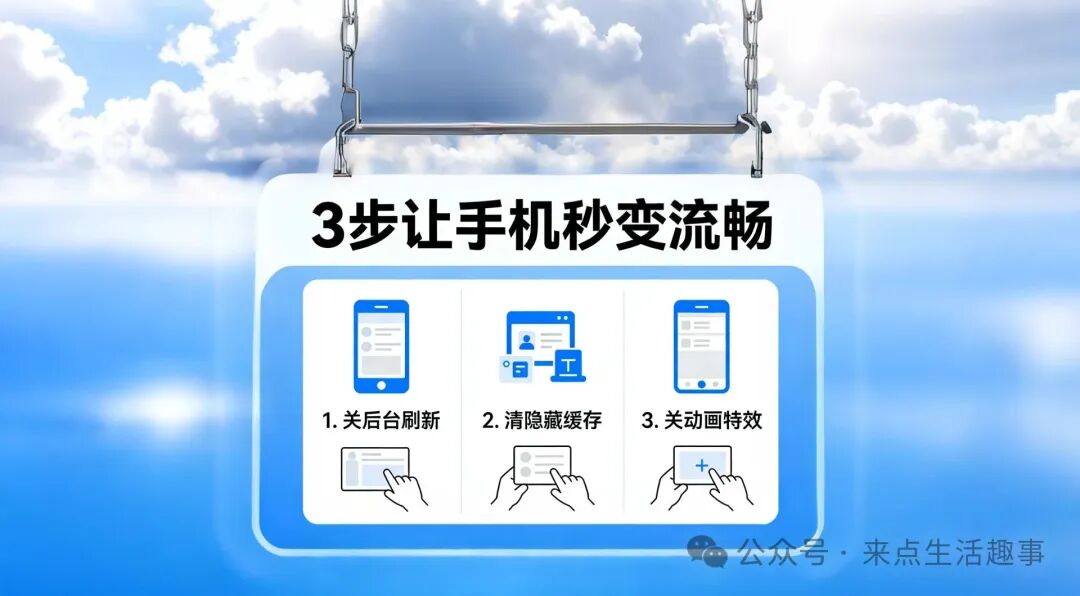 一张宣传手机优化的图片，背景是蓝天白云，中央悬挂一个白色指示牌，牌上写着“3步让手机秒变流畅”，下方分三栏图示说明：1. 关后台刷新，2. 清隐藏缓存，3. 关动画特效