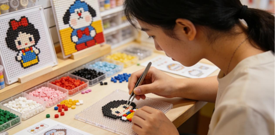 女性专注拼豆手工场景