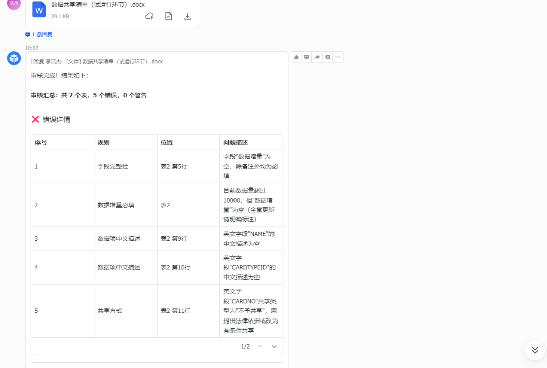 文档审核错误详情列表截图