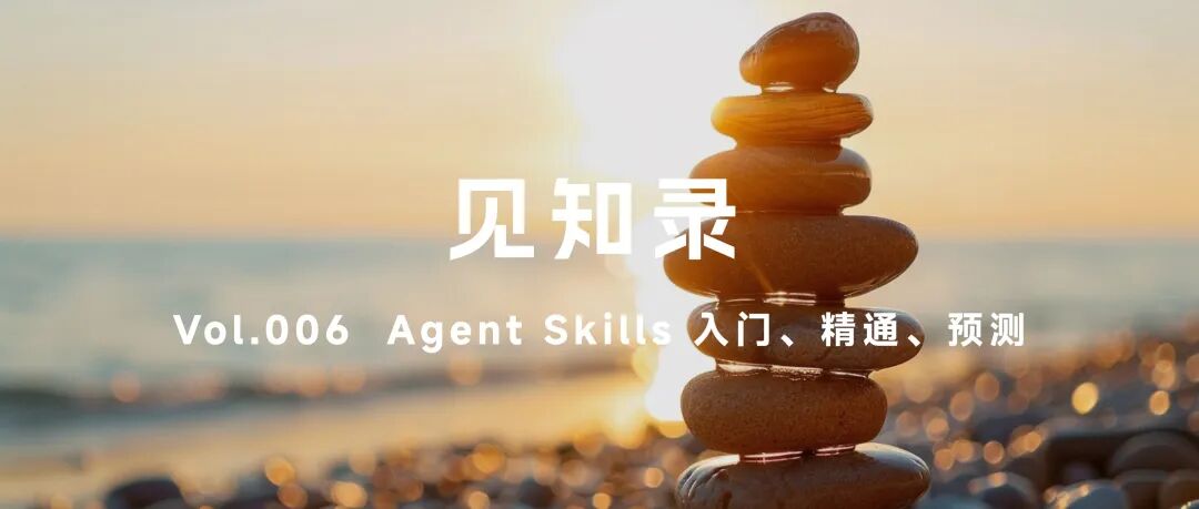Claude Skills 概念封面图：鹅卵石塔与文字“Agent Skills入门、精通、预测”