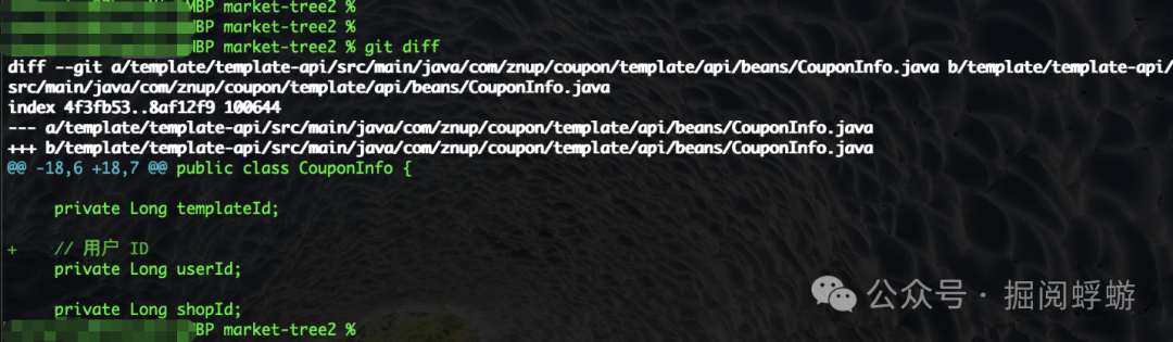 终端执行 git diff 命令，显示文件具体变更内容