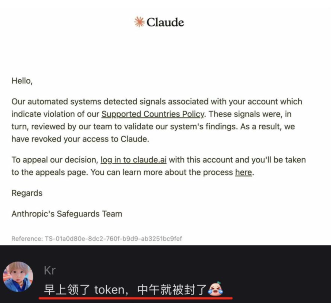 Claude封号通知邮件与用户评论截图