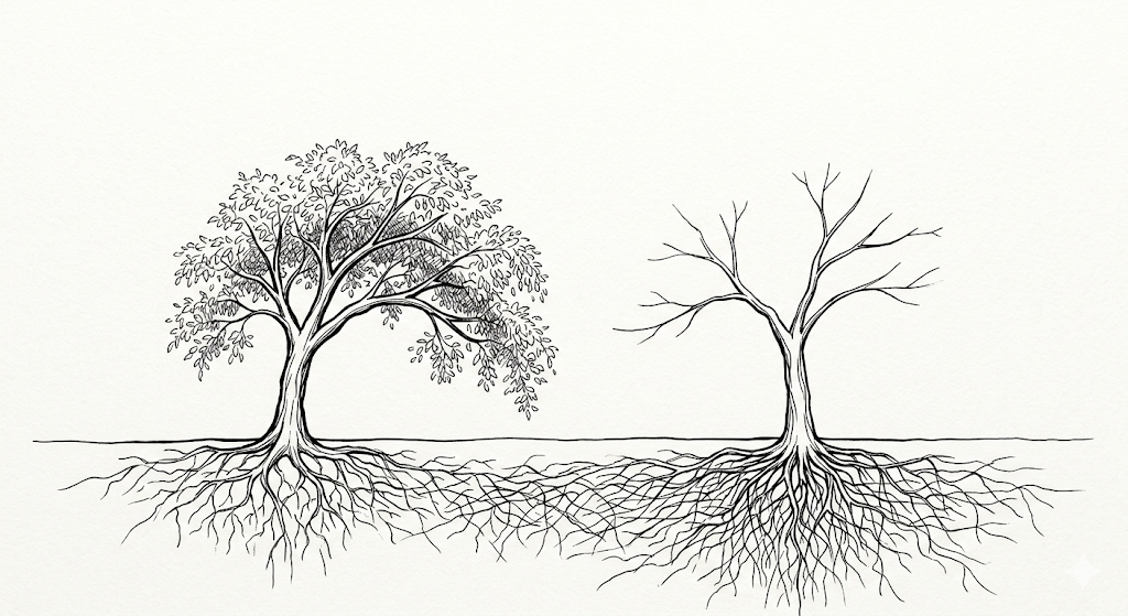 两棵对比鲜明的树，一棵枝繁叶茂，一棵枯萎凋零，根系却同样复杂