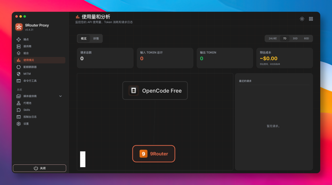 9Router仪表盘，实时监控API使用量与Token消耗