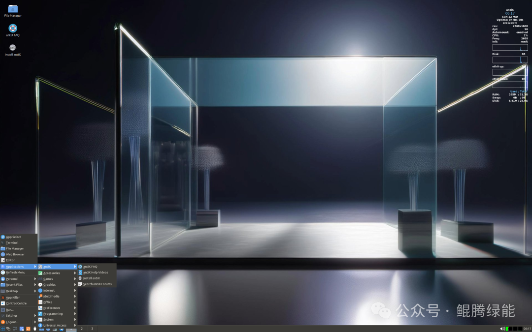antiX系统桌面截图，深色背景，左侧有应用菜单，右上角系统监控显示CPU、内存、磁盘使用率，右下角有水印