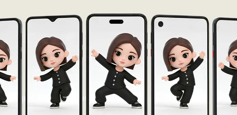 多部手机屏幕上展示同一个虚拟助手的不同动作,象征移动端Agent的多样化能力