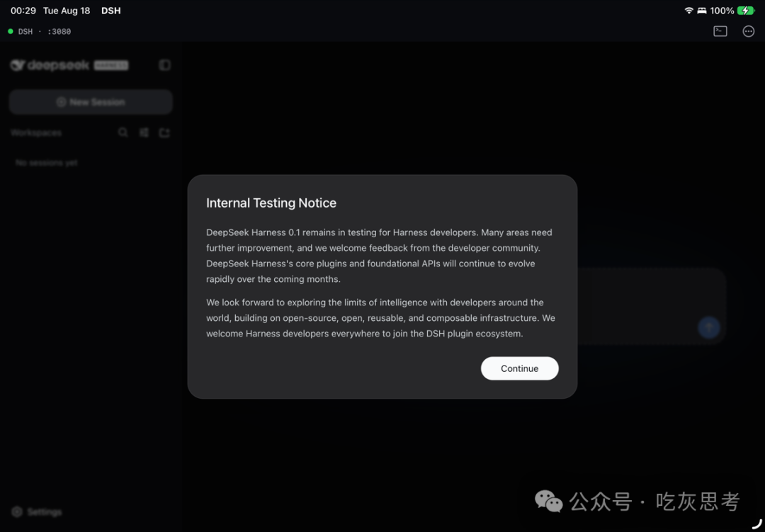 iPad Air 上 DeepSeek Harness Internal Testing Notice 弹窗