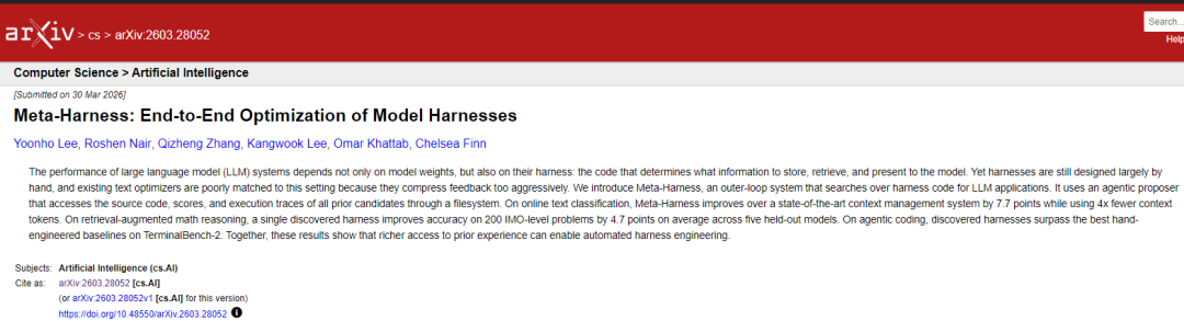 arXiv论文《Meta-Harness: End-to-End Optimization of Model Harnesses》的页面截图