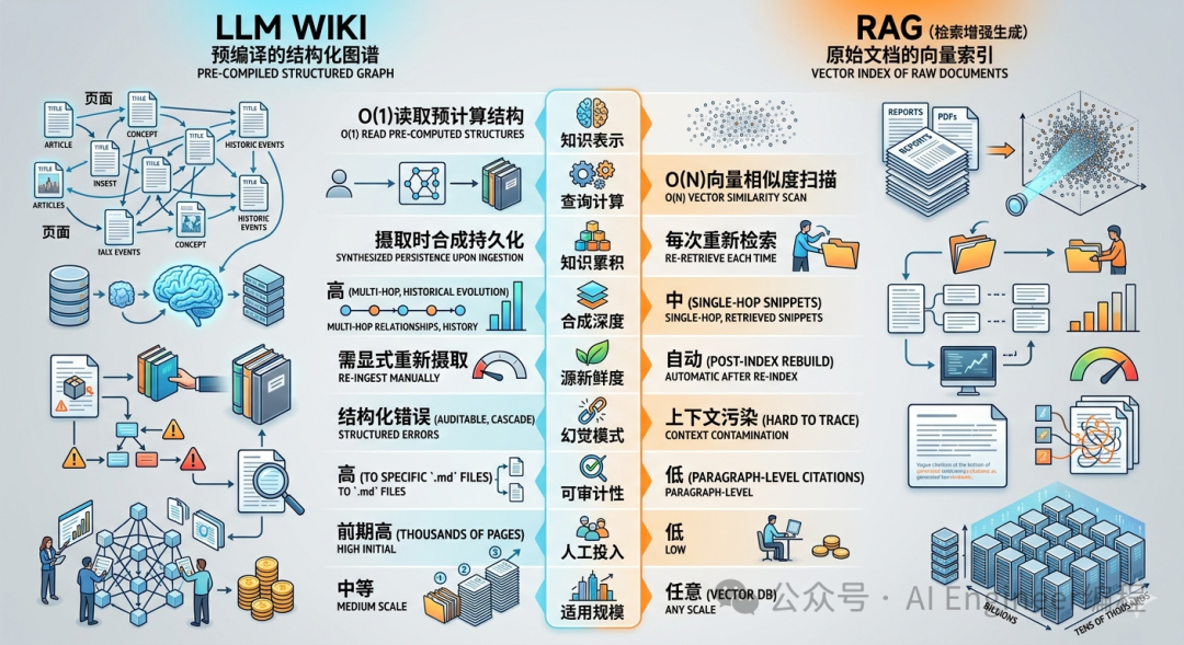 LLM Wiki 与 RAG 对比图