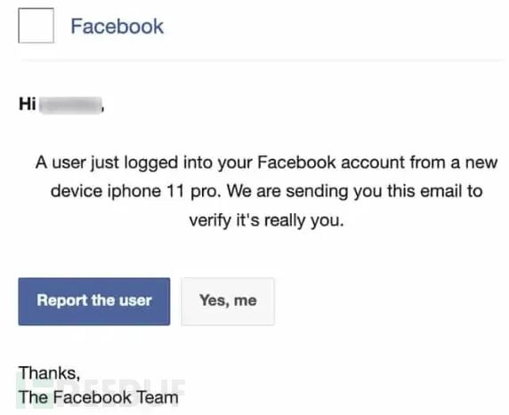 伪造的Facebook“新设备登录”提醒邮件