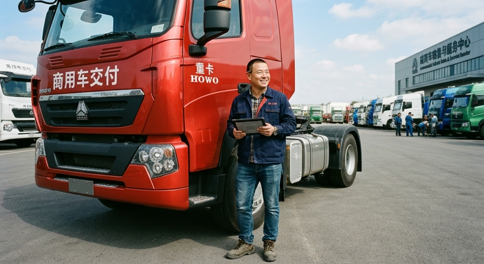 一名工程师在商用车交付现场，手持平板站在红色重卡前