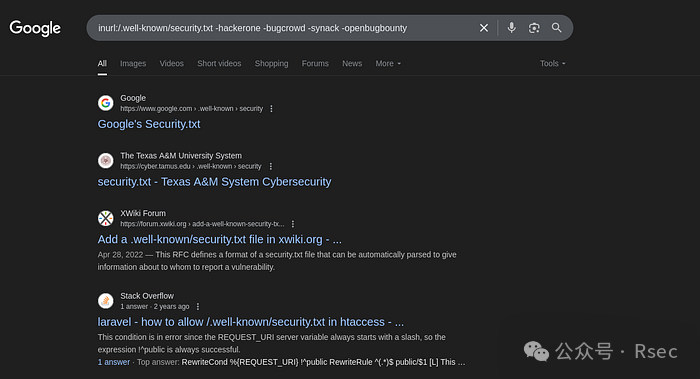 用于发现安全项目的Google Dorking搜索结果示例