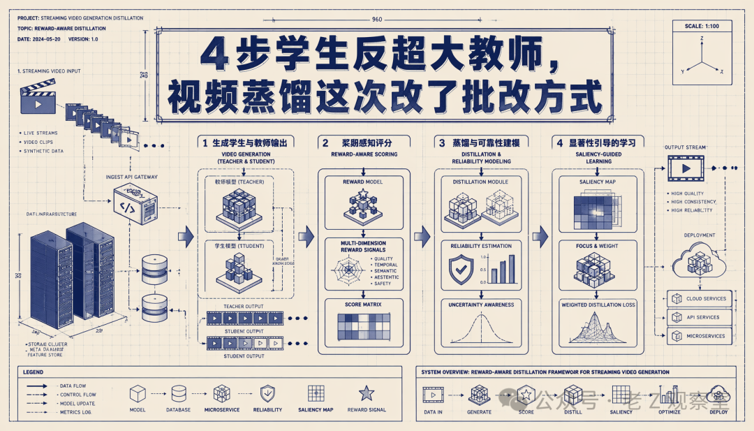 4步学生反超大教师，视频蒸馏新批改方式系统架构图