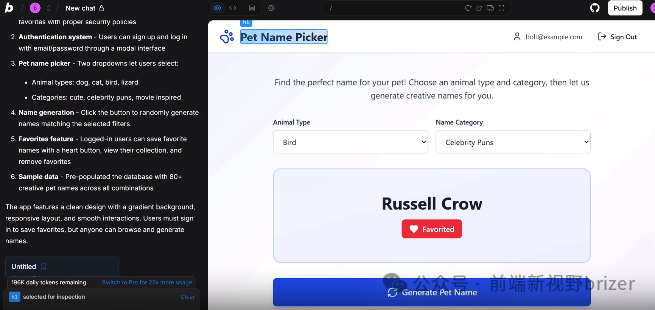 Bolt 构建的宠物名字生成器应用界面