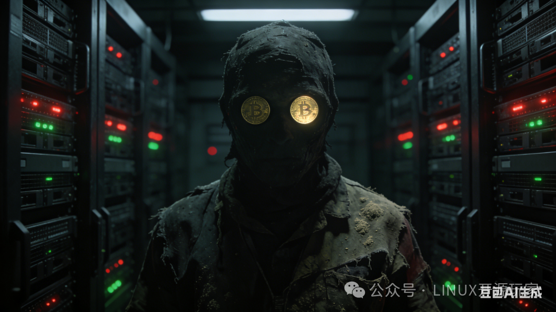 服务器机房中带有比特币眼睛的科技怪人梗图