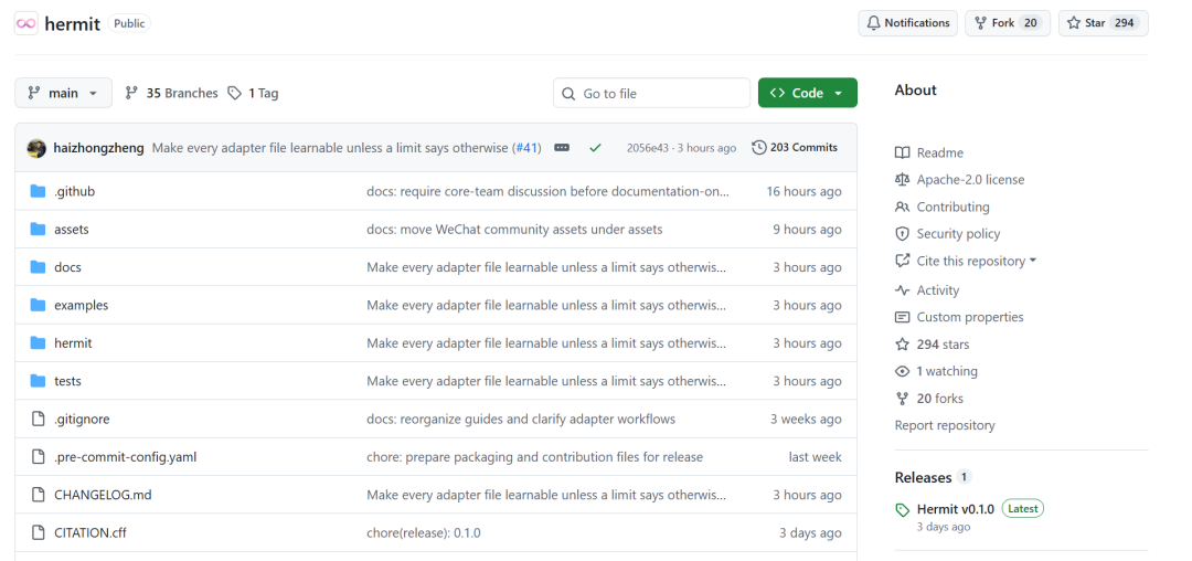 Hermit GitHub仓库页面截图