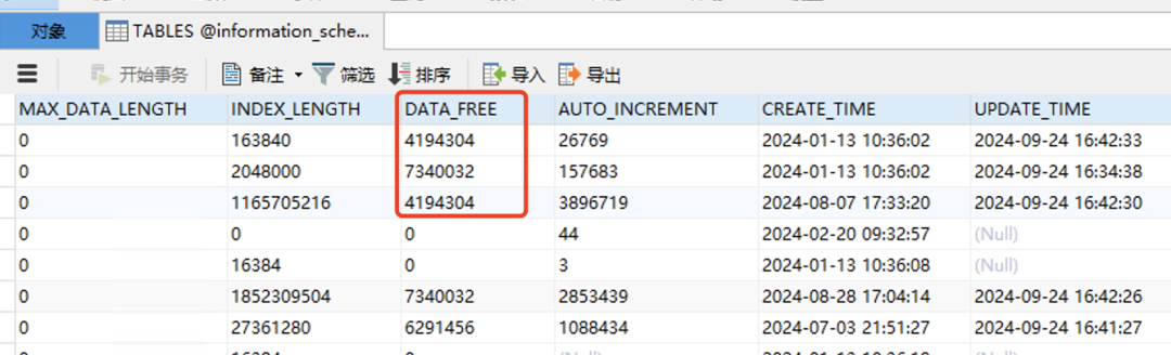 information_schema.TABLES表DATA_FREE列截图
