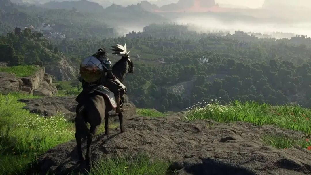 主角骑马俯瞰壮丽山谷