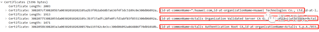 Certificate报文包含的证书链抓包图
