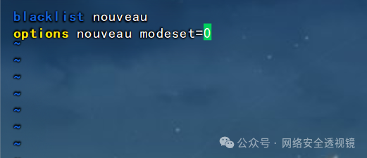 终端显示blacklist nouveau与options nouveau modeset=0命令，modeset=0中的0被绿色高亮
