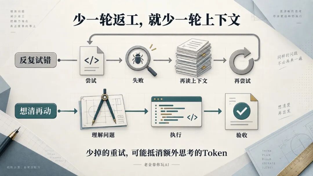 AI编程调试中减少返工与清晰规划流程对比图