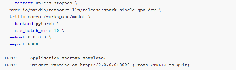 终端输出:`trtllm-server`启动成功,INFO: Application startup complete,服务运行于http://0.0.0.0:8000